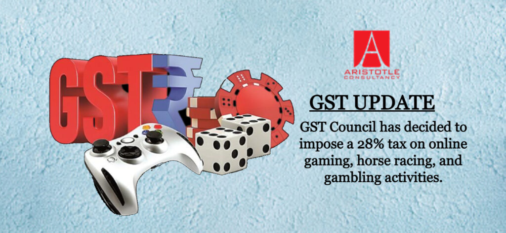 GST Update: – GST Council has decided to impose a 28% tax on online gaming, horse racing, and gambling activities